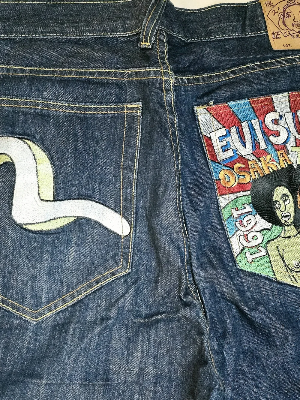 Evisu Men's Dark Blue Denim Shorts with Yellow Topstitching